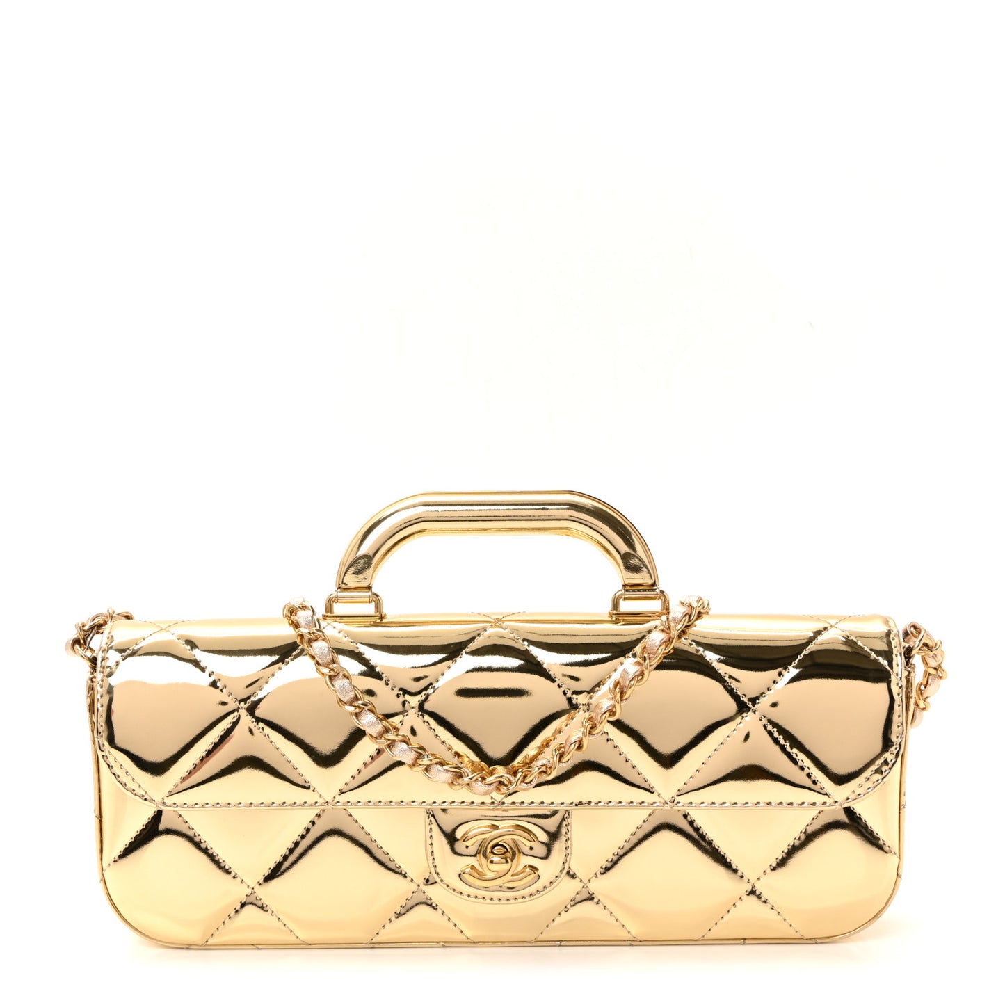 Metallic Mirror Calfskin Large Top Handle Clutch With Chain Light Gold
