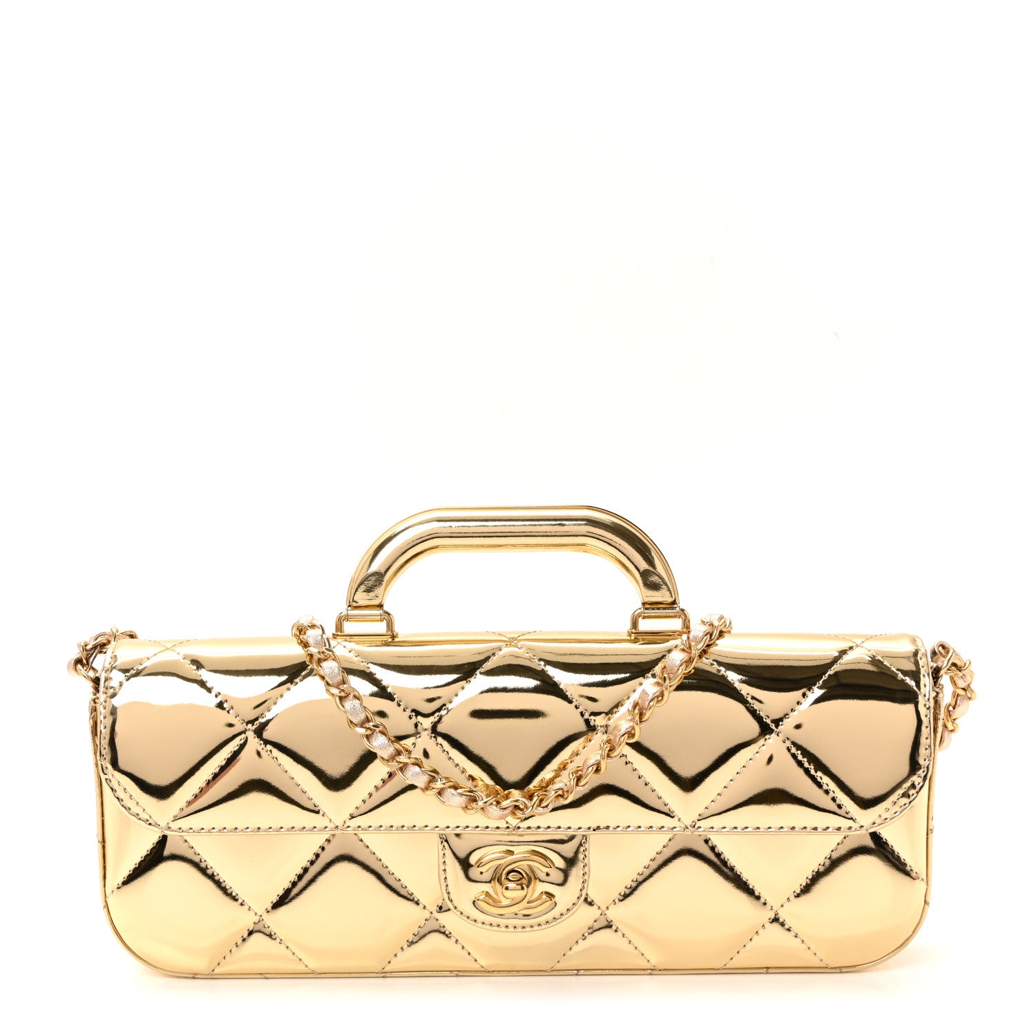 Chanel Metallic Mirror Calfskin Large Top Handle Clutch With Chain Light Gold 1 of 19