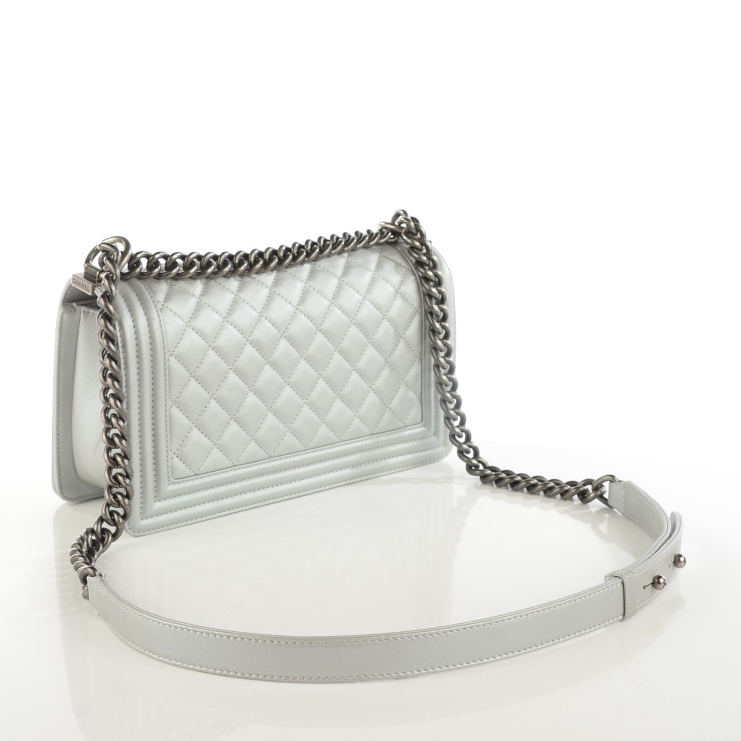 Metallic Calfskin Quilted Medium Boy Flap Silver