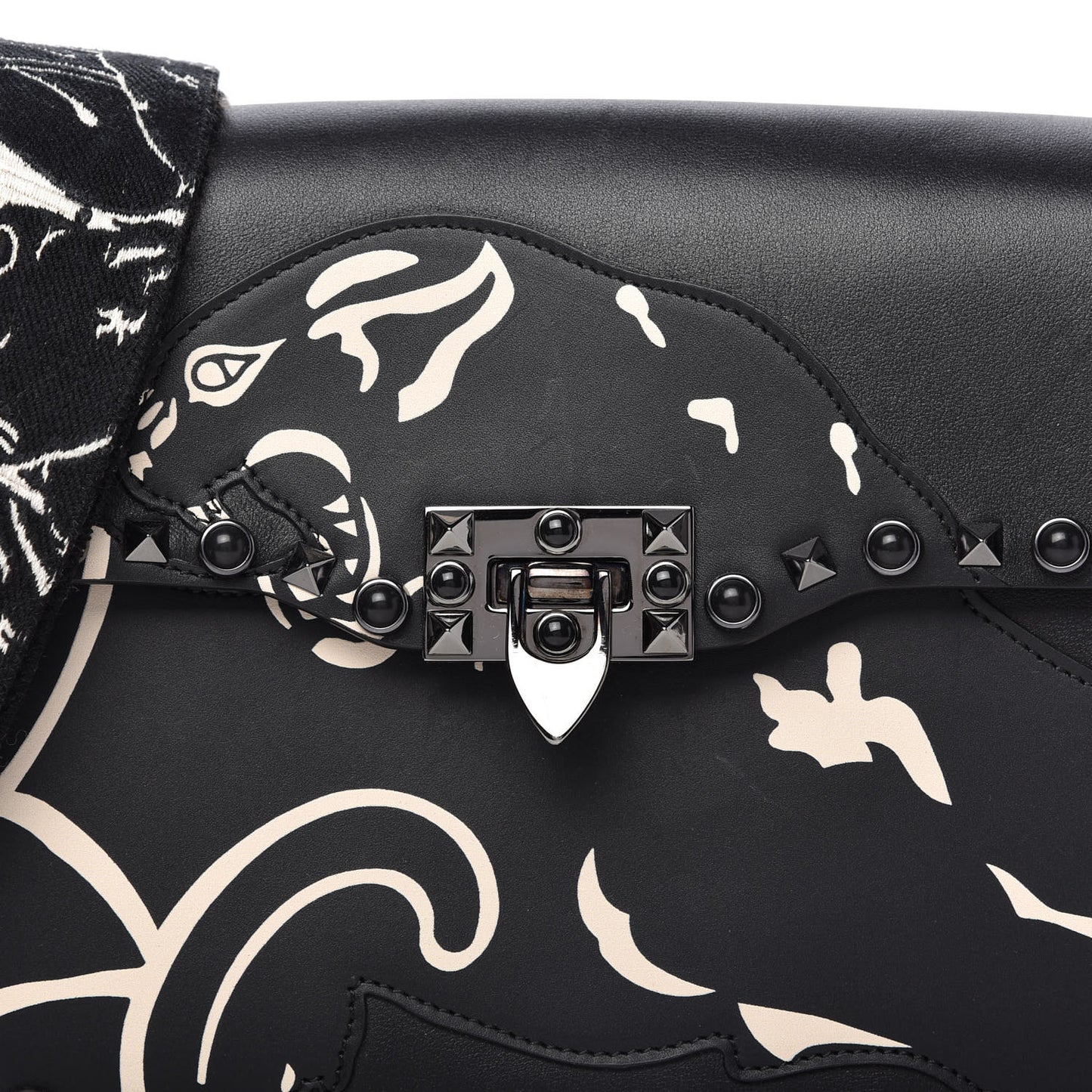 Calfskin Panther Medium Guitar Strap Rockstud Rolling Flap Saddle Bag Black