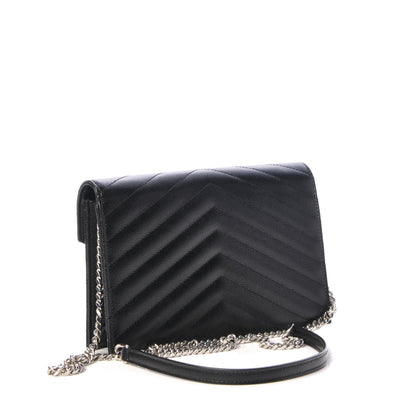 Saint Laurent Grain De Poudre Matelasse Chevron Monogram Envelope Chain Wallet Black 3 of 8