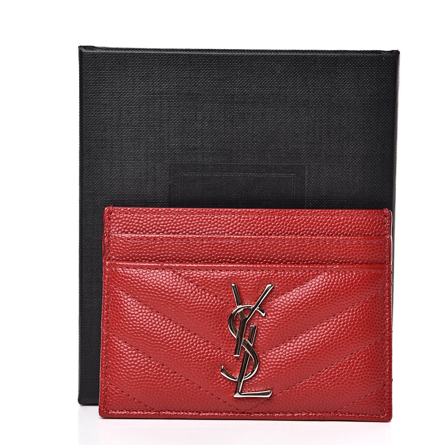 Saint Laurent Grain De Poudre Matelasse Chevron Monogram Credit Card Case New Red 8 of 8