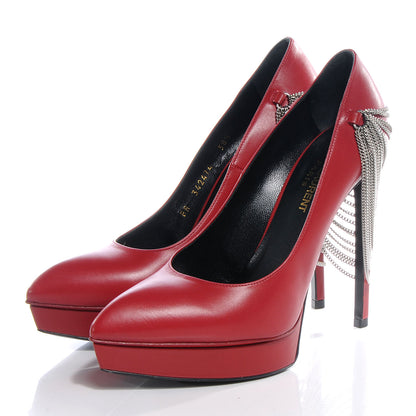 Saint Laurent Leather Janis Chain Heel Pointed Pump 38.5 Red 3 of 9