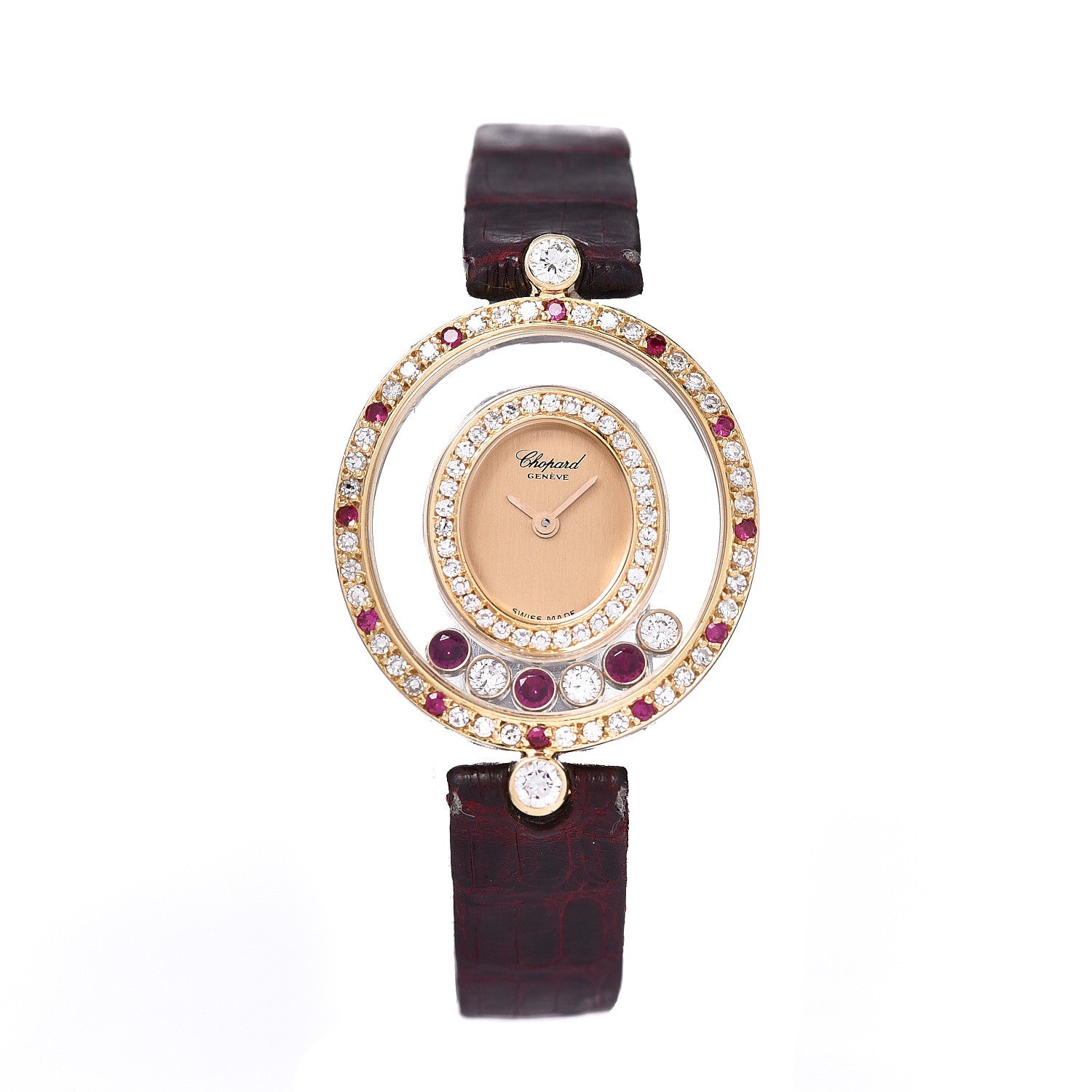 Chopard 18K Yellow Gold Alligator Diamond Pave Bezel Ruby 22mm Happy Diamonds Quartz Watch 1 of 7