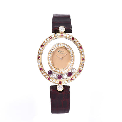 Chopard 18K Yellow Gold Alligator Diamond Pave Bezel Ruby 22mm Happy Diamonds Quartz Watch 1 of 7