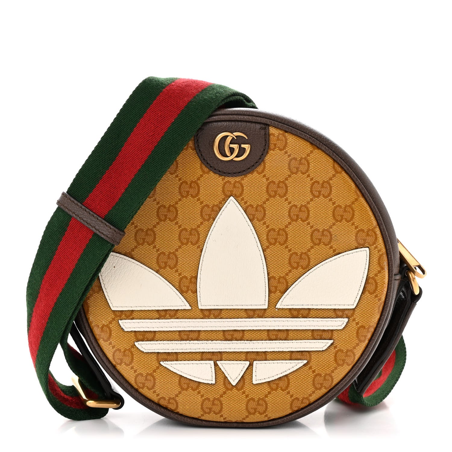 Gucci X ADIDAS Crystal Vintage Monogram Textured Dollar Calfskin Web Trefoil Small Ophidia Round Shoulder Bag Mid Natural Nut Off White New Acero 1 of 10