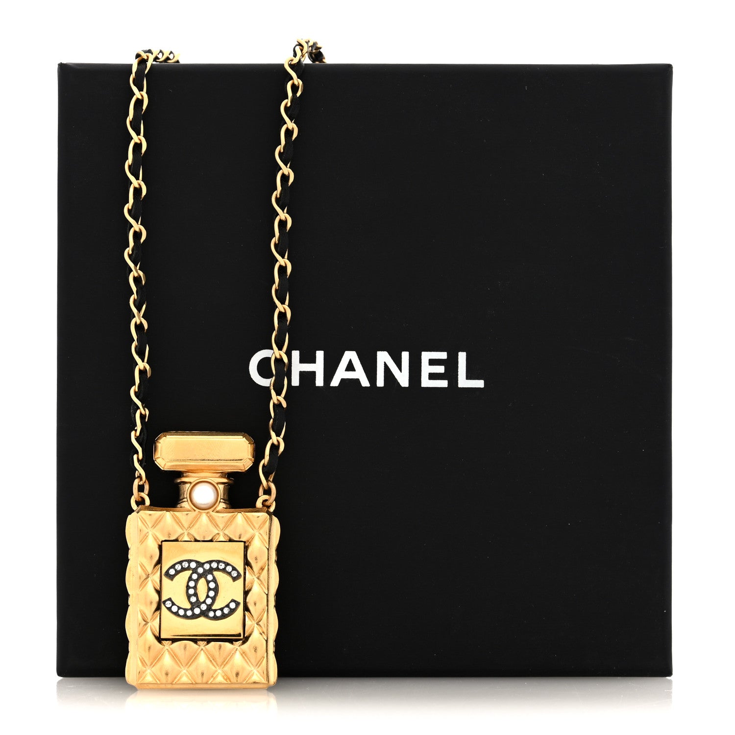 Chanel Lambskin Crystal Pearl Perfume Bottle CC Necklace Gold 5 of 5