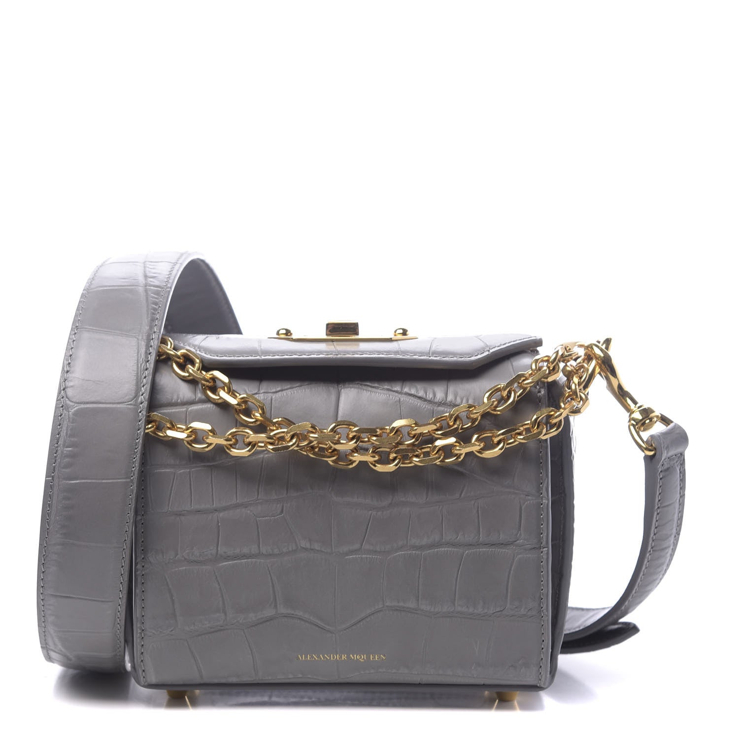 Alexander McQueen Calfskin Crocodile Embossed Box Shoulder Bag 16 Grey 1 of 11
