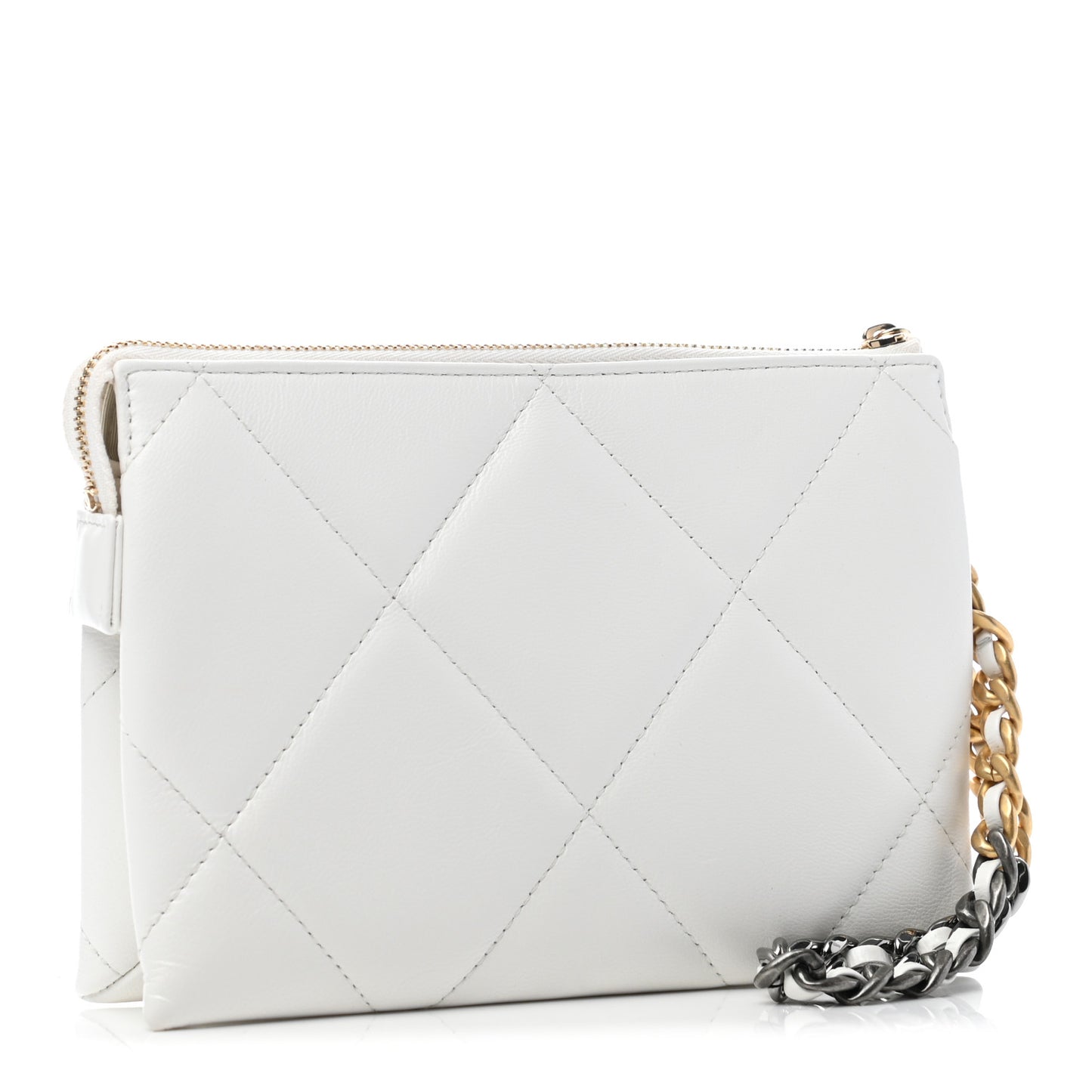 Shiny Goatskin Quilted Chanel 19 Small Pouch With Handle White