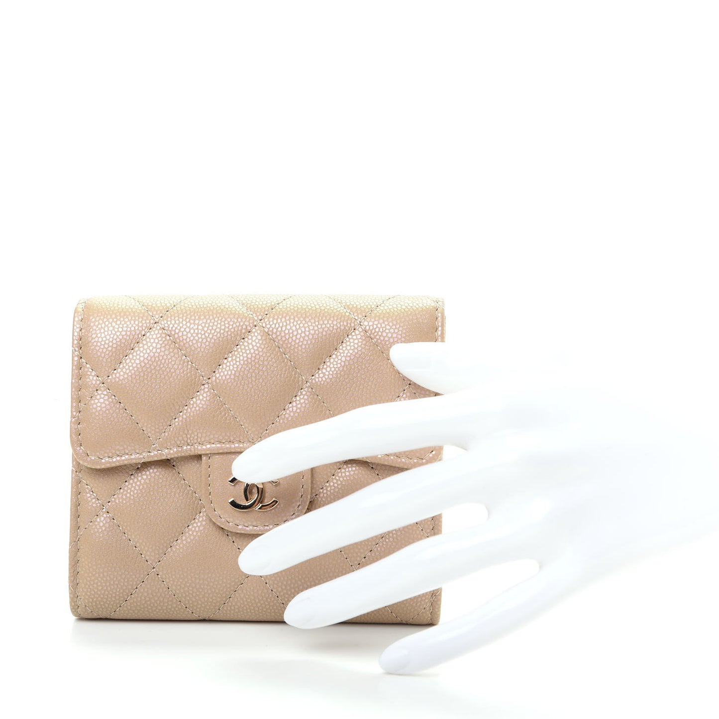 Iridescent Caviar Quilted Compact Flap Wallet Dark Beige