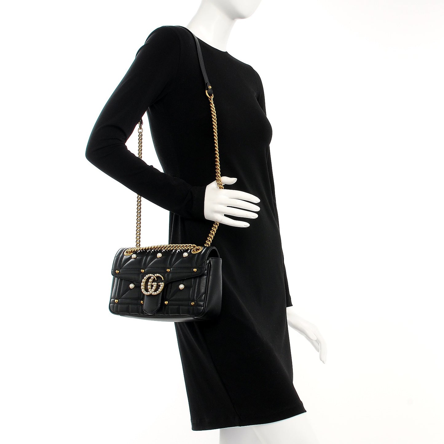 Calfskin Matelasse Studded Small Pearly GG Marmont Shoulder Bag Black