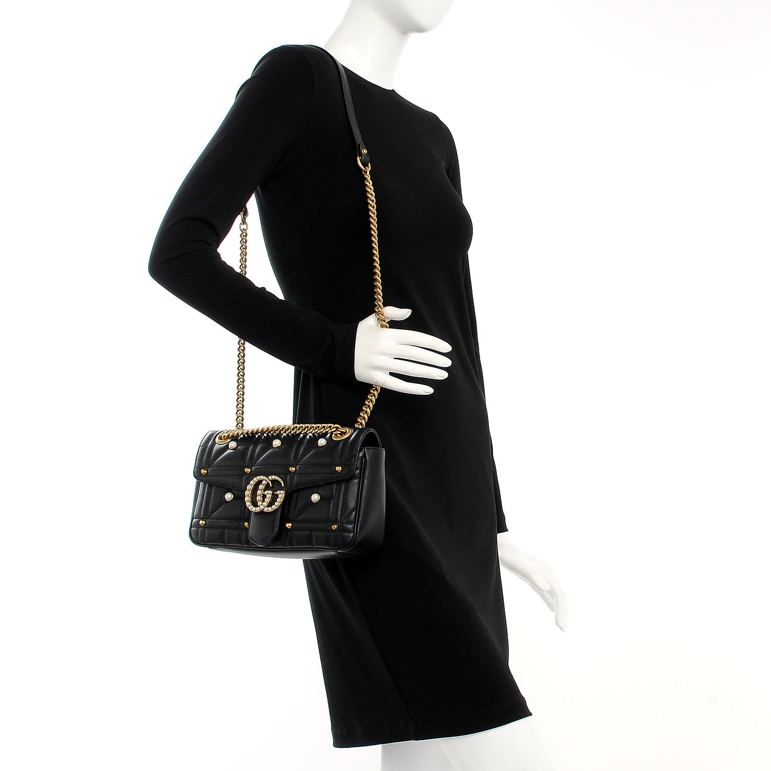 Gucci Calfskin Matelasse Studded Small Pearly GG Marmont Shoulder Bag Black 2 of 7