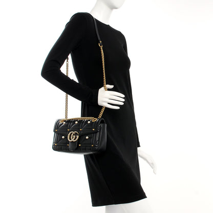 Gucci Calfskin Matelasse Studded Small Pearly GG Marmont Shoulder Bag Black 2 of 7