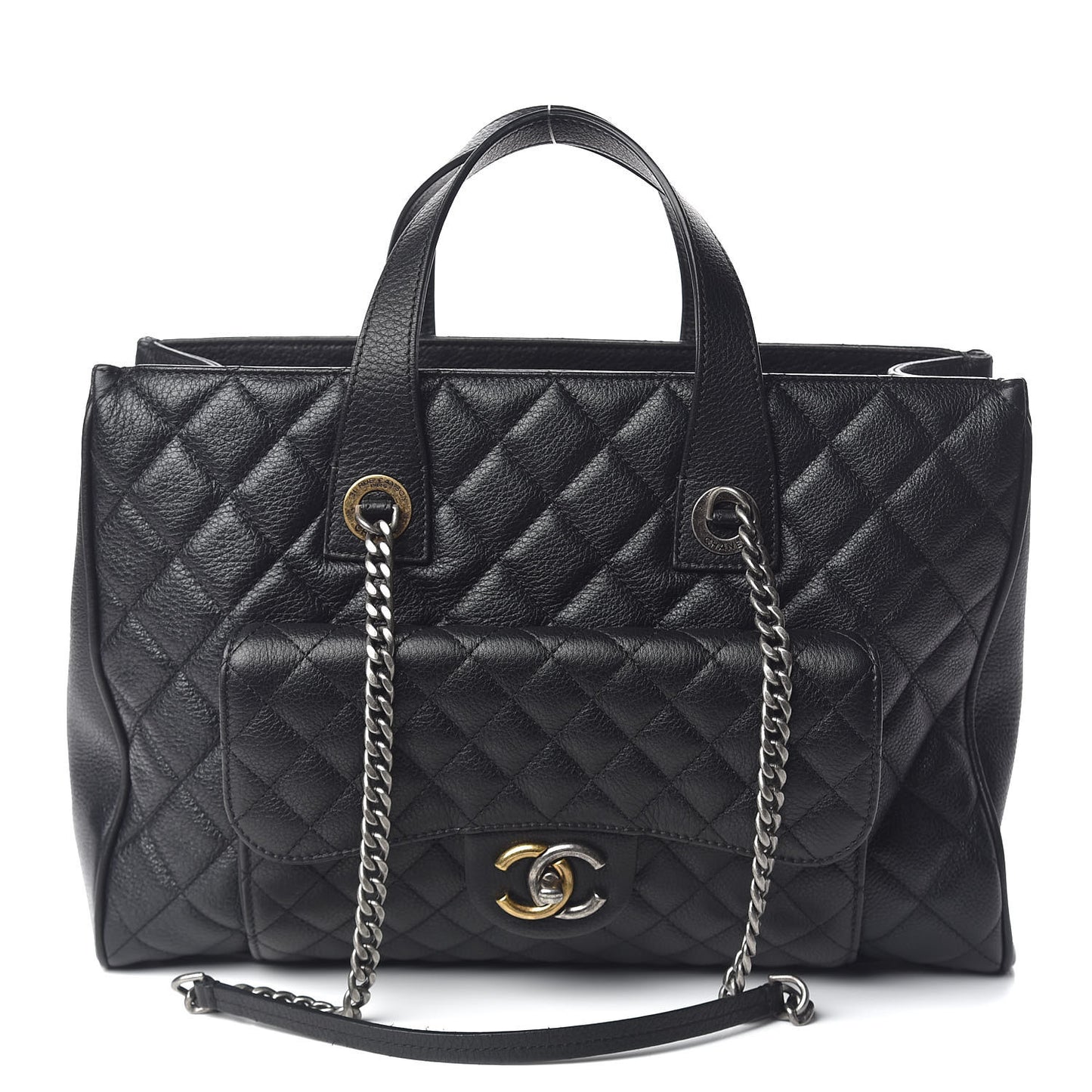 Grained Calfskin Quilted Large Casual Pocket Tote Black