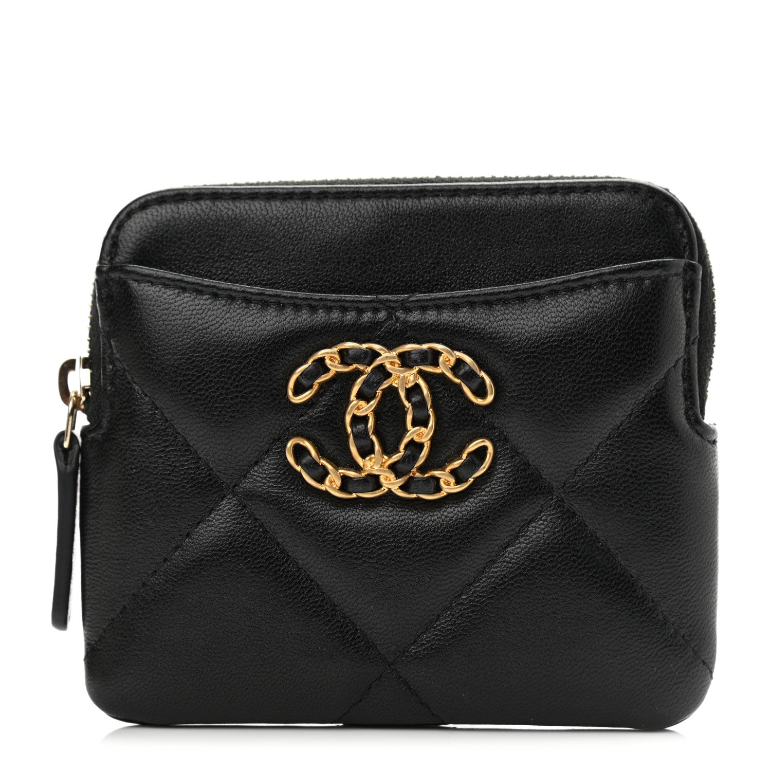Chanel Lambskin Quilted Chanel 19 Zip Card Holder Wallet Black 1 of 7