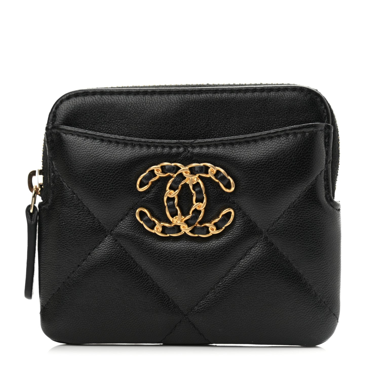 Lambskin Quilted Chanel 19 Zip Card Holder Wallet Black