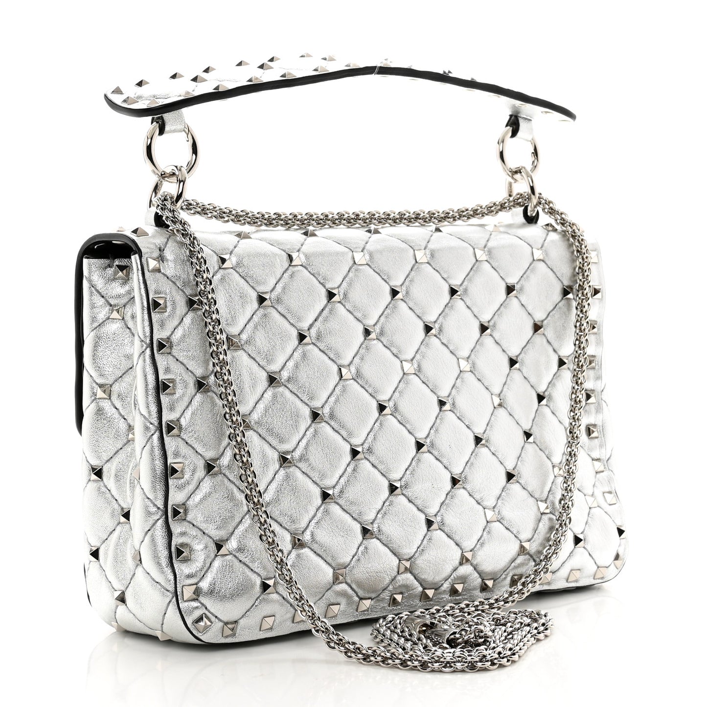 Metallic Nappa Medium Rockstud Spike Shoulder Bag Silver