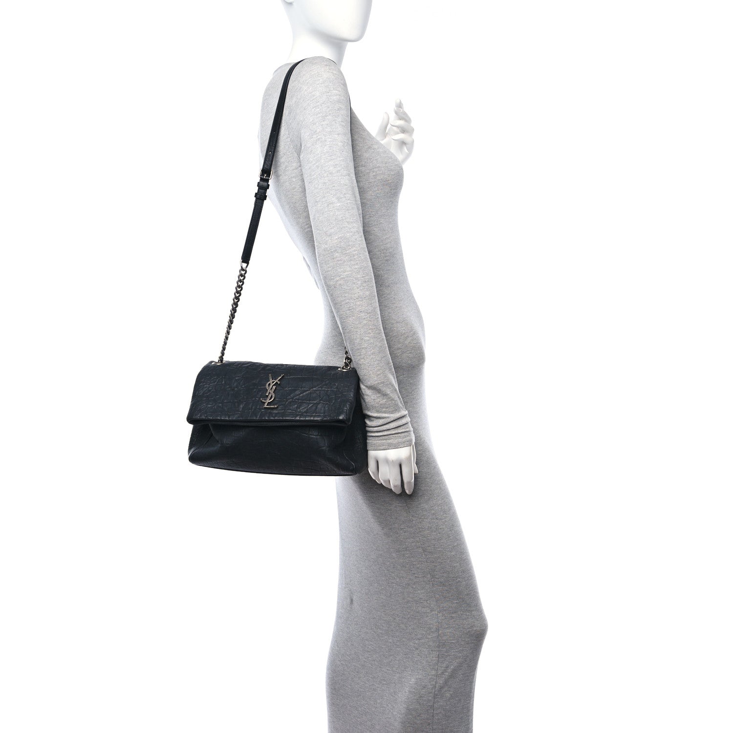 Saint Laurent Calfskin Crocodile Embossed Medium West Hollywood Monogram Fold-Over Grey 2 of 11