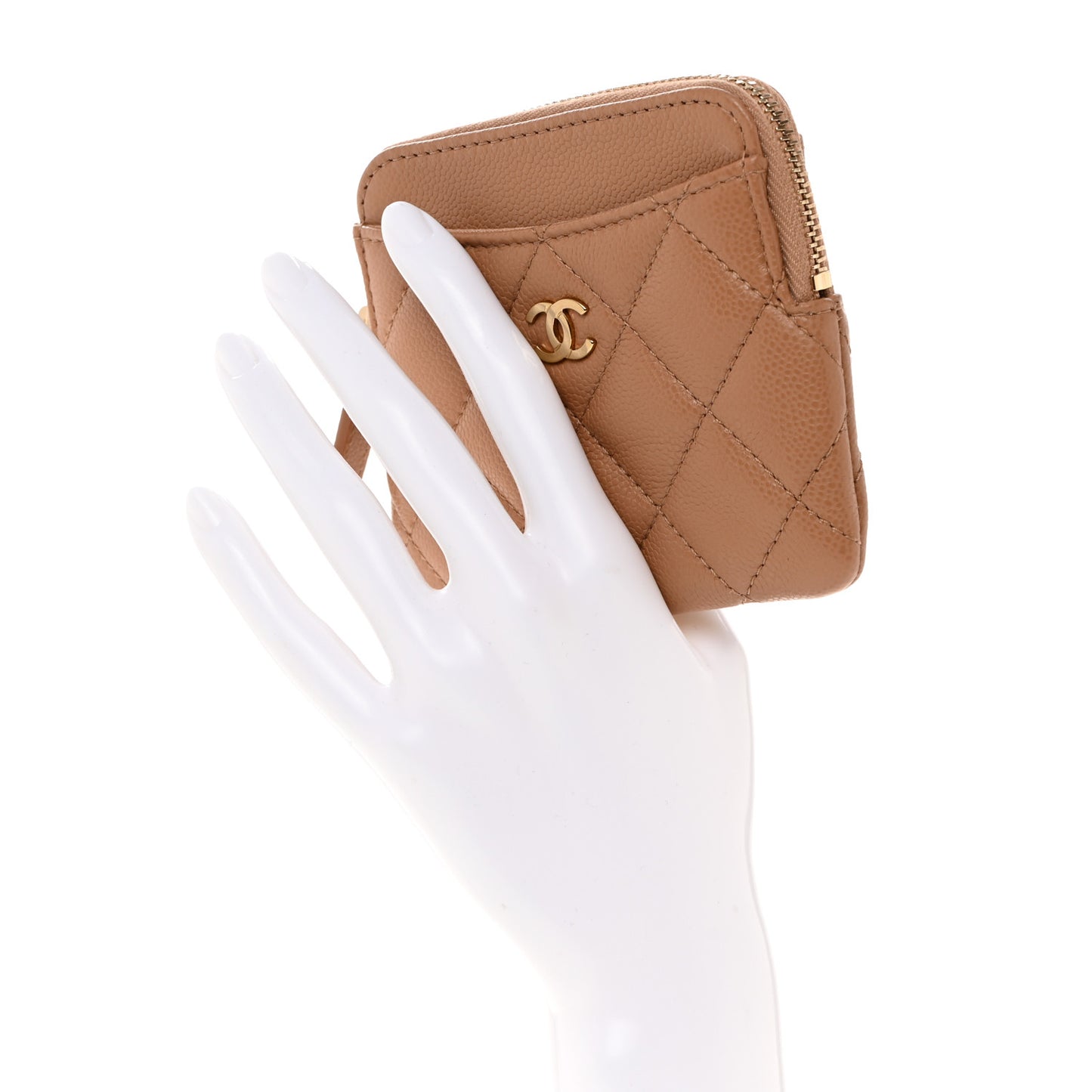 Caviar Quilted Zip Card Holder Wallet Dark Beige