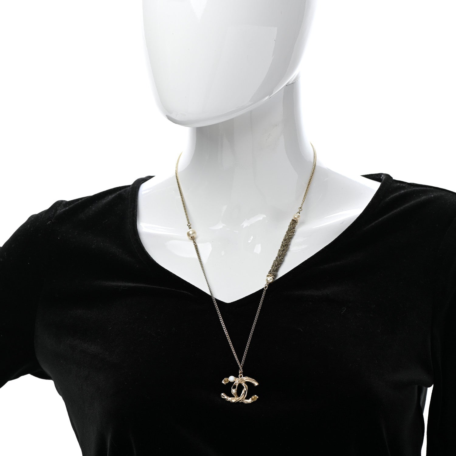 Chanel Pearl Crystal CC Bead Necklace Gold 2 of 7