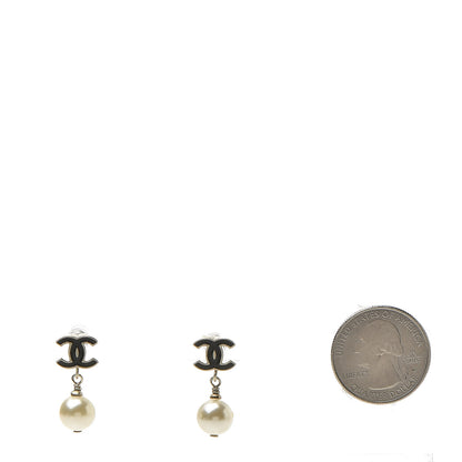 Chanel Pearl Enamel CC Drop Earrings Black Gold 2 of 6