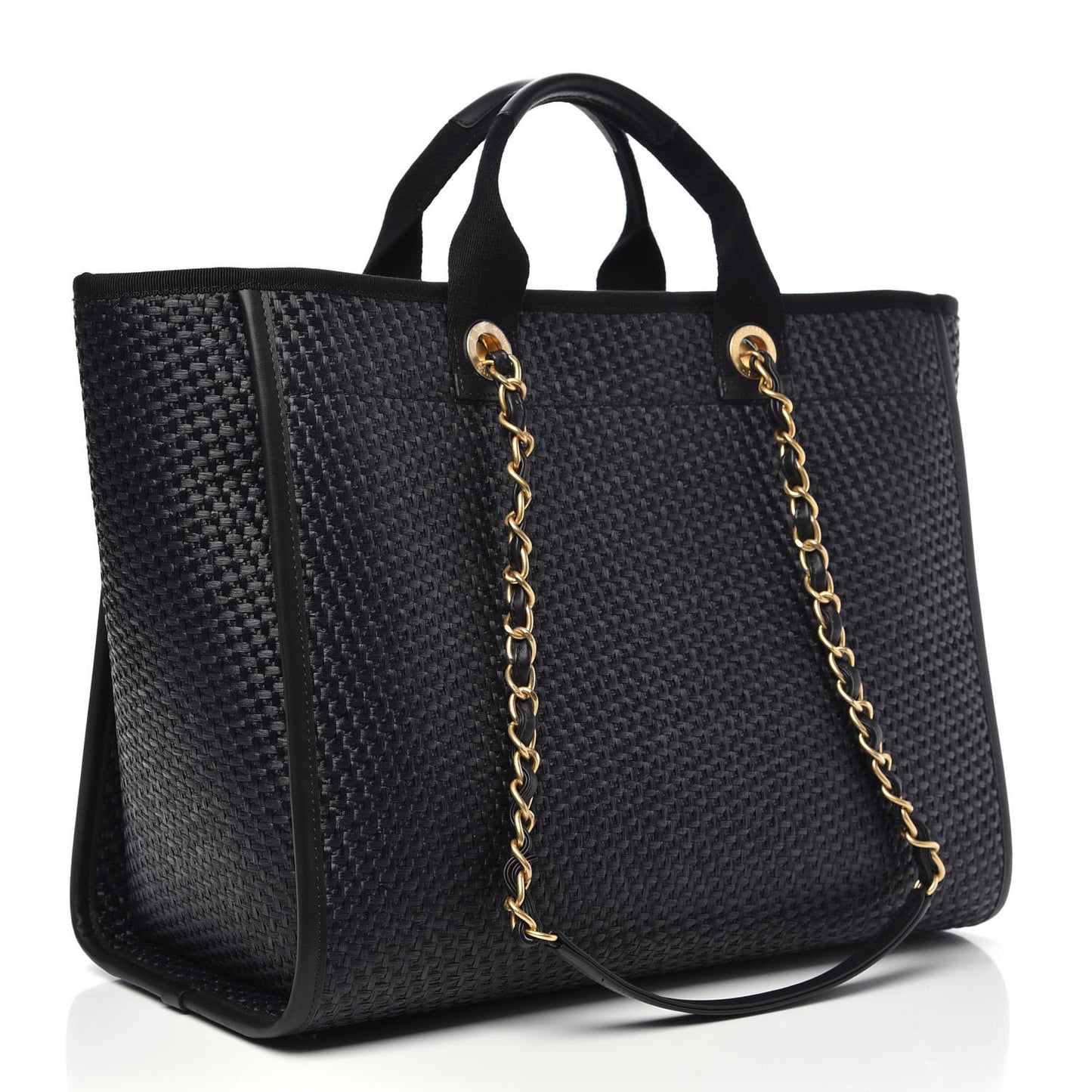 Straw Raffia Calfskin Chain Medium Deauville Tote Black