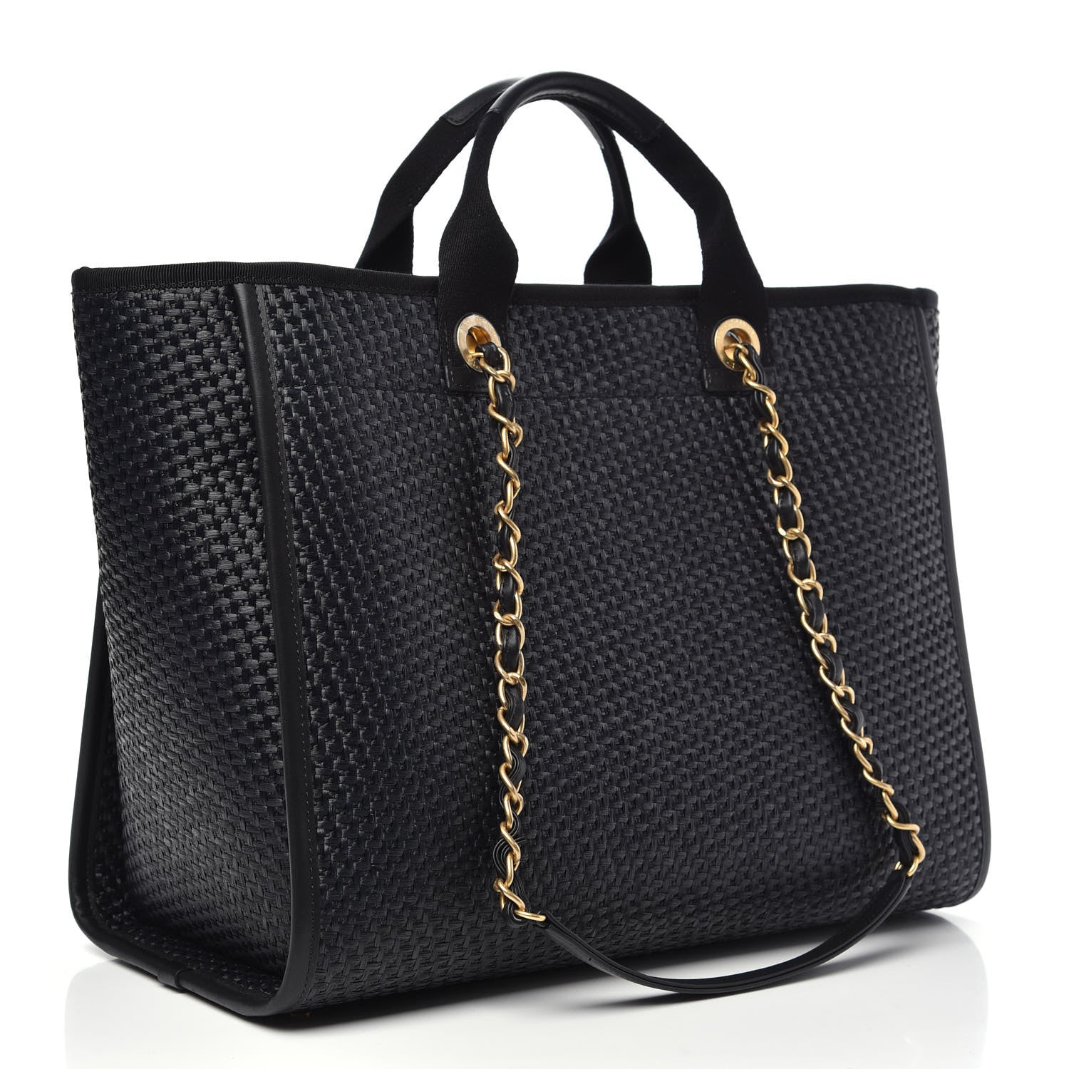 Chanel Straw Raffia Calfskin Chain Medium Deauville Tote Black 4 of 11