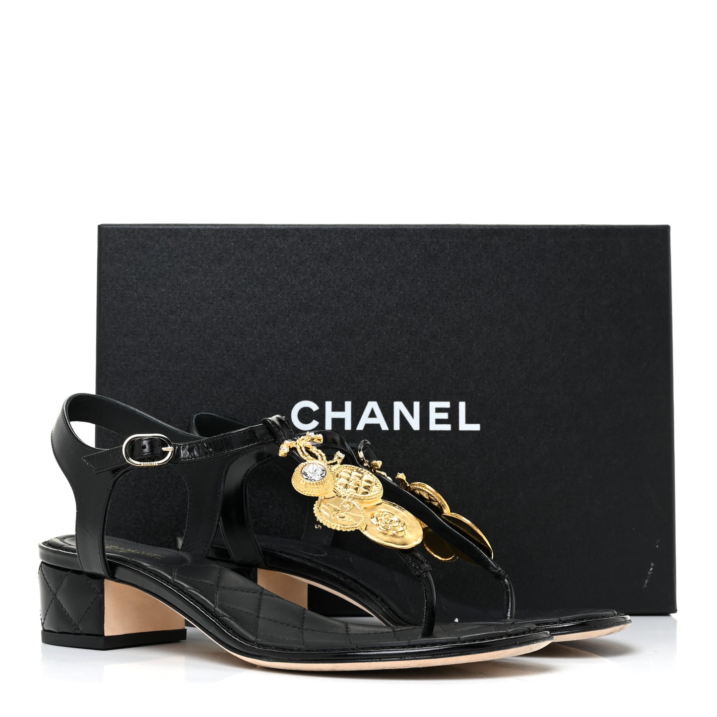 Calfskin Medallion CC Thong Sandals 39.5 Black