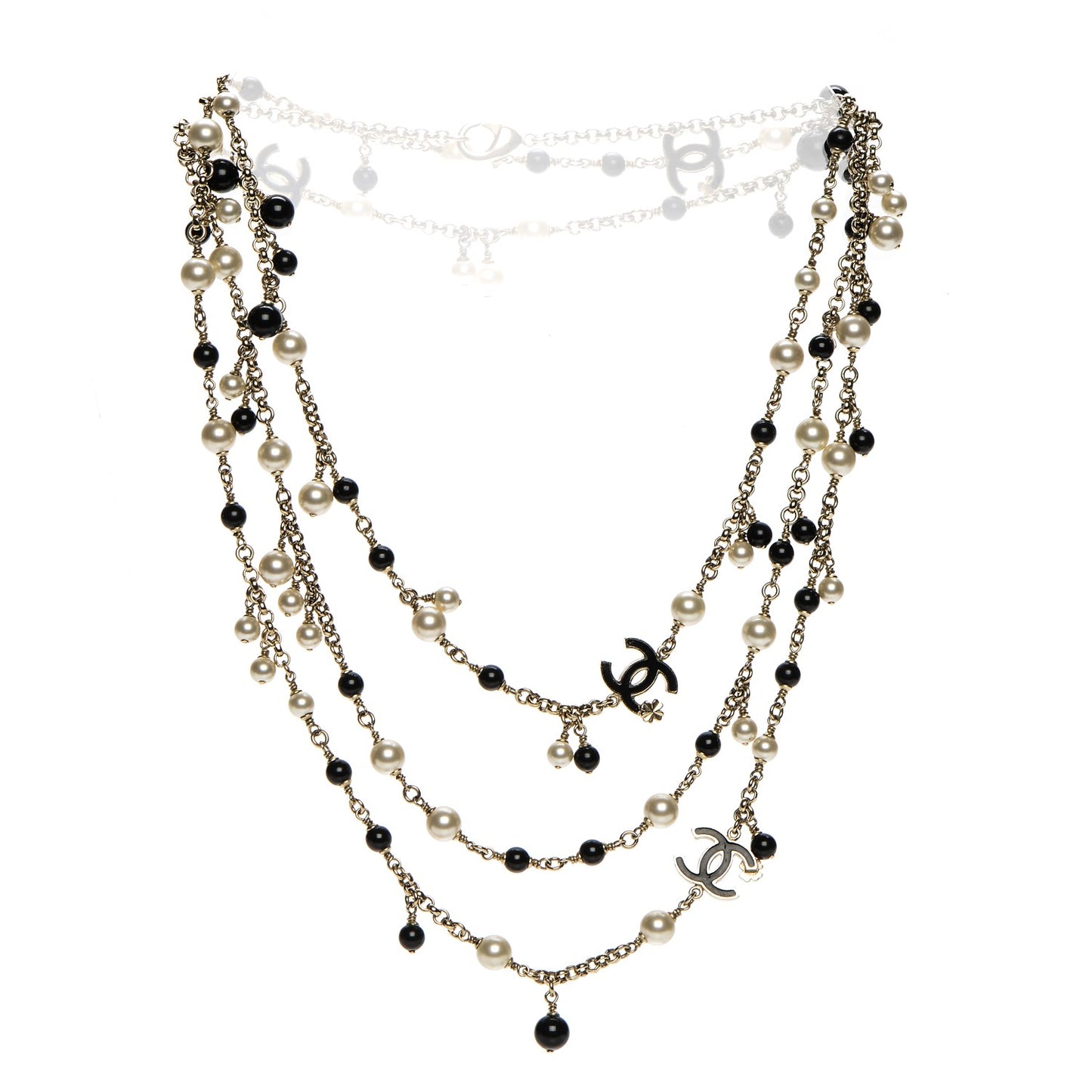 Pearl Beaded CC Long Necklace Black Gold