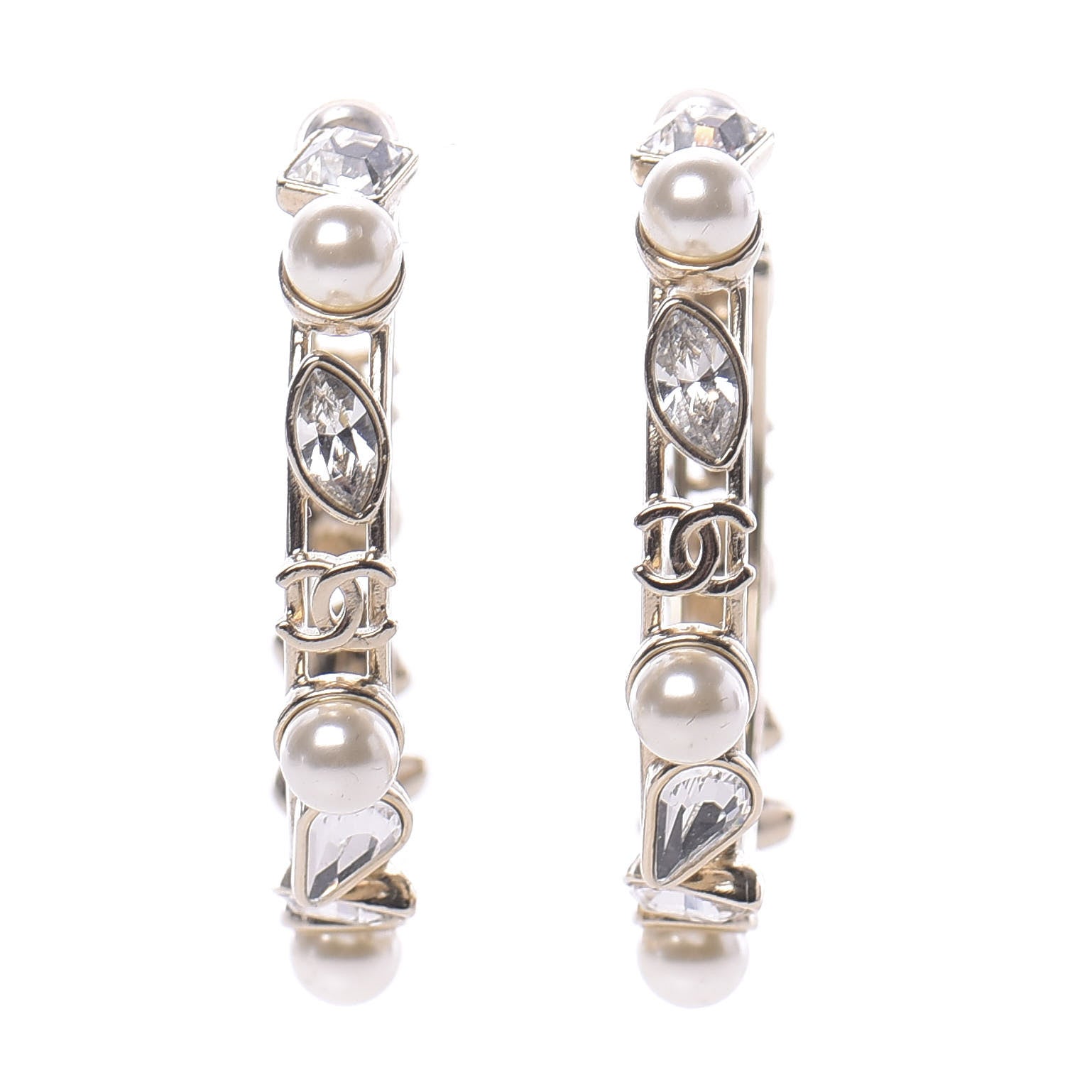 Chanel Glass Pearl Strass Snowfall Hoop Earrings Gold 1 of 5