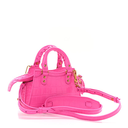 Balenciaga Calfskin Crocodile Embossed Neo Classic Gold Hardware Nano City Crossbody Neon Pink 3 of 8