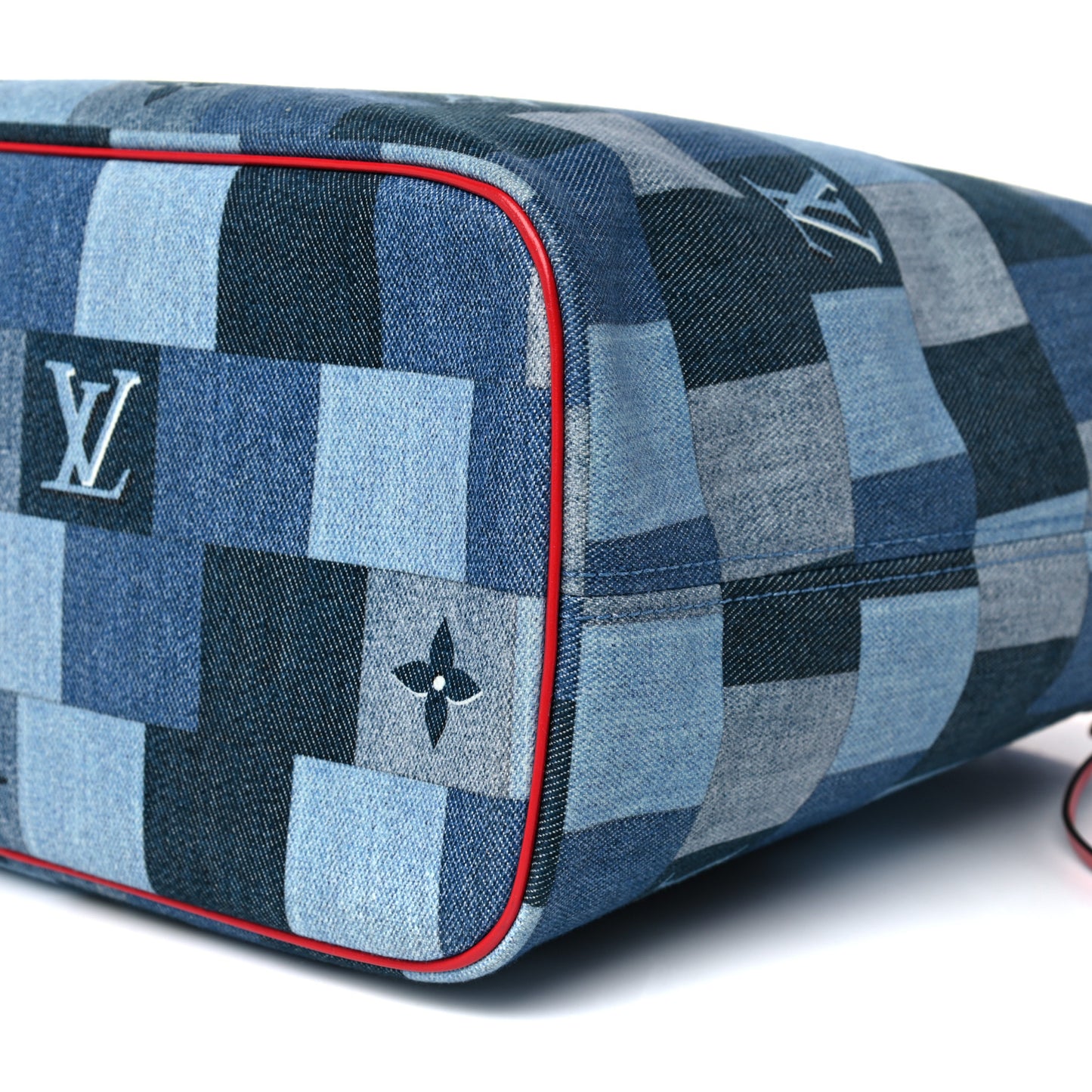Denim Damier Monogram Patchwork Neverfull Blue Rouge