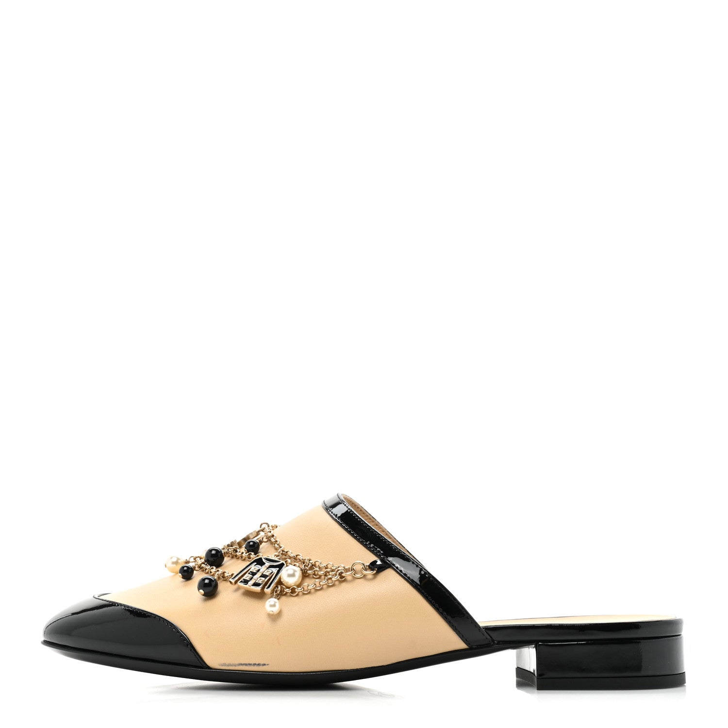 Chanel Lambskin Patent Pearl Chain Charm CC Mules 39.5 Beige Black 1 of 8