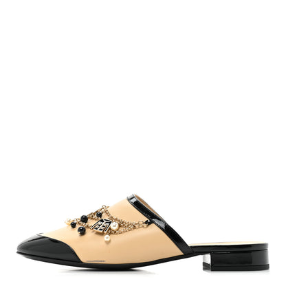 Chanel Lambskin Patent Pearl Chain Charm CC Mules 39.5 Beige Black 1 of 8