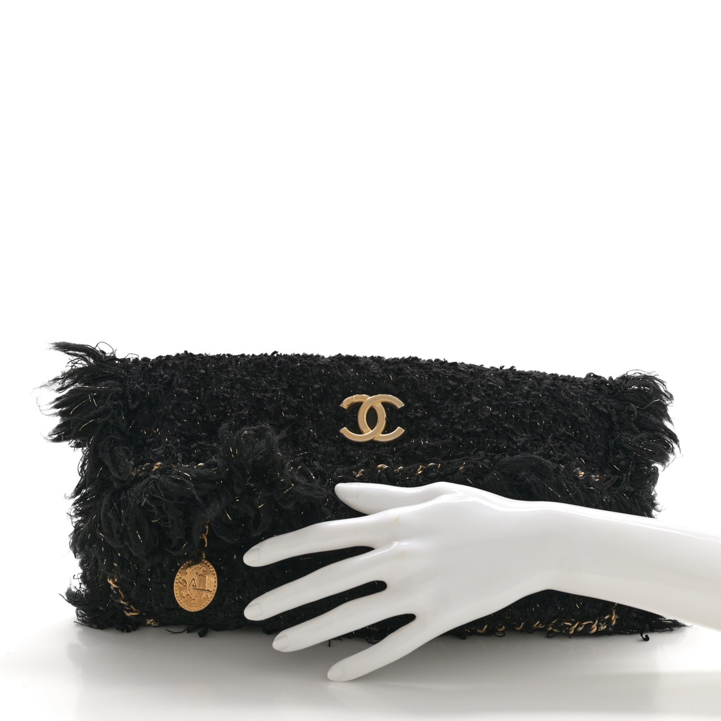 Tweed Fringe Quilted Chain Around Flap Clutch Black Gold