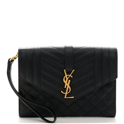 Saint Laurent Grain De Poudre Textured Mixed Matelasse Triquilt Monogram Clutch Black 1 of 11