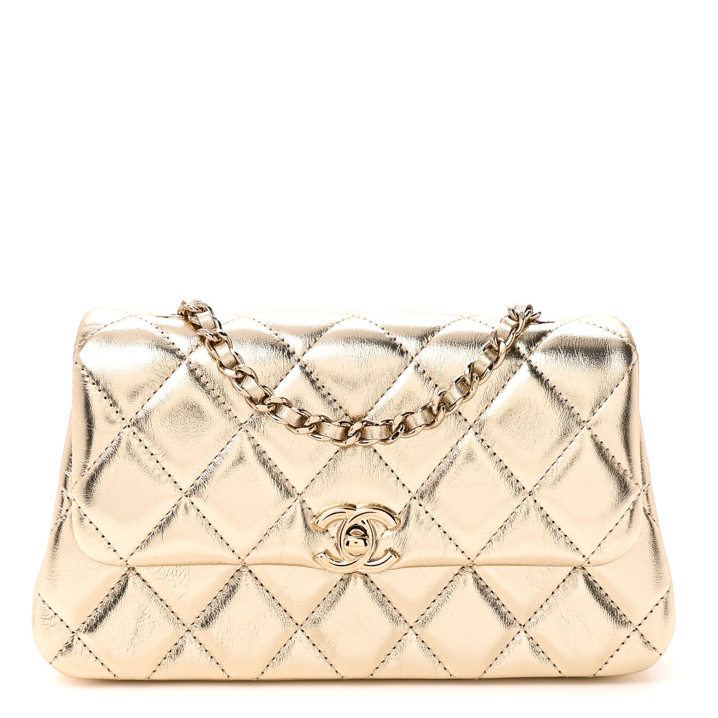 Metallic Lambskin Quilted Flap Phone Holder With Chain Gold