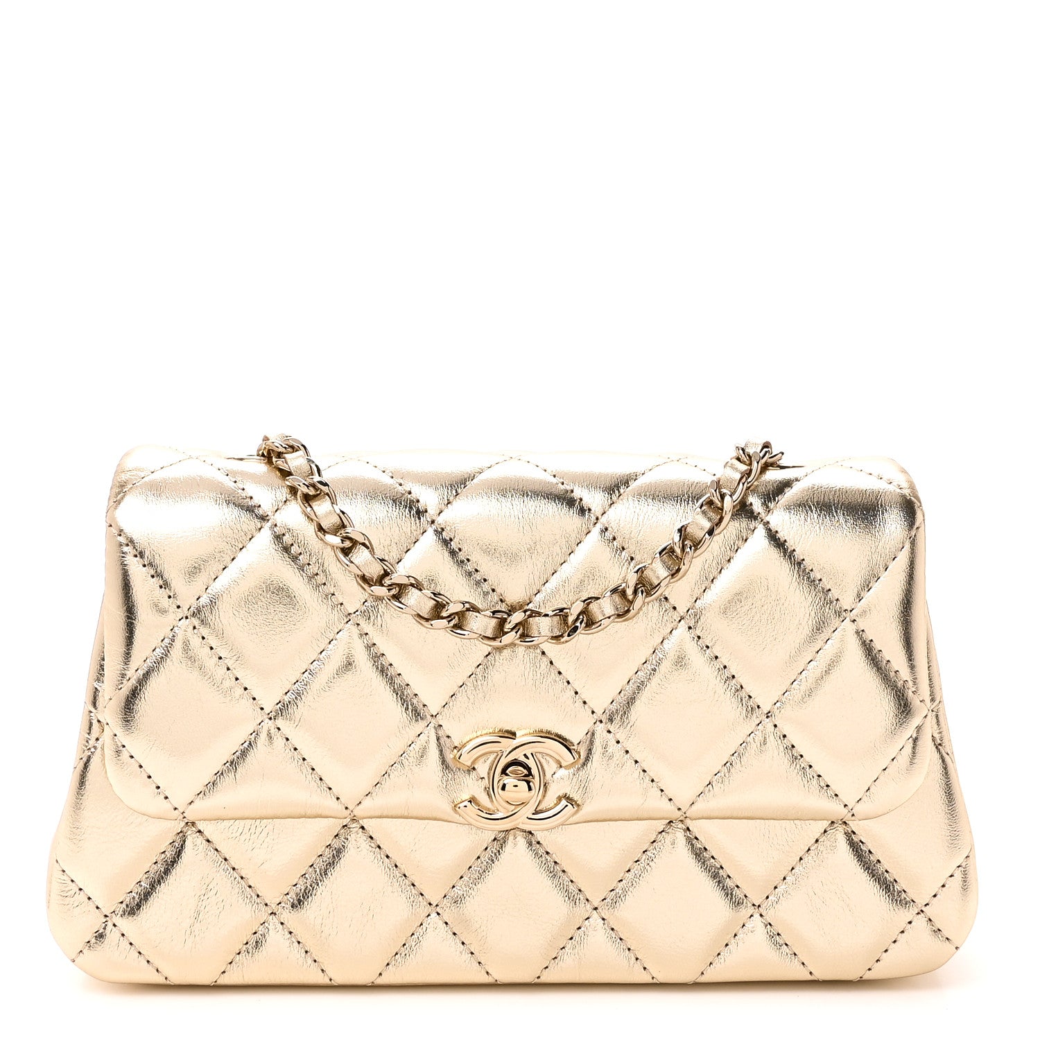 Chanel Metallic Lambskin Quilted Flap Phone Holder With Chain Gold 1 of 11