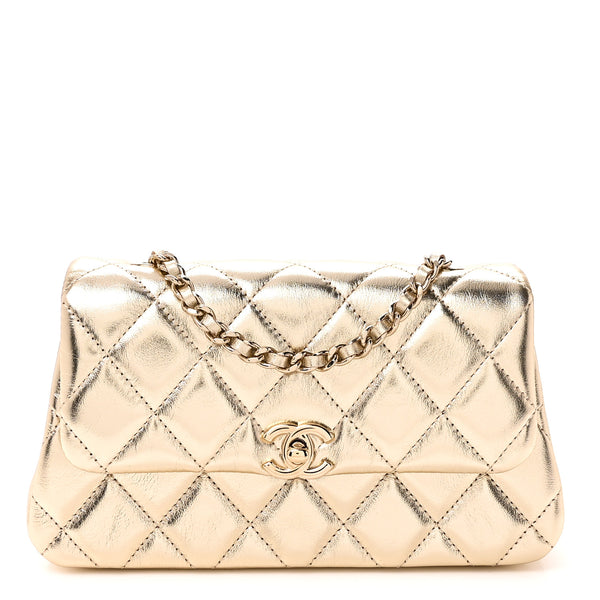 Chanel Metallic Lambskin Quilted Flap Phone Holder With Chain Gold