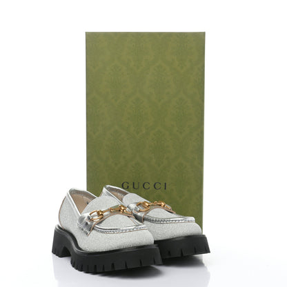 Gucci Mini Diamond Storm Silk Calfskin Womens Harald Horsebit 25mm Platform Loafers 36 Silver 9 of 9