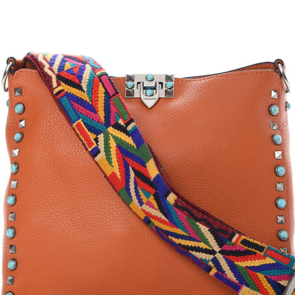 Valentino Garavani Pebbled Calfskin Small Guitar Strap Rockstud Rolling Flip-Lock Messenger Bag Orange 7 of 10