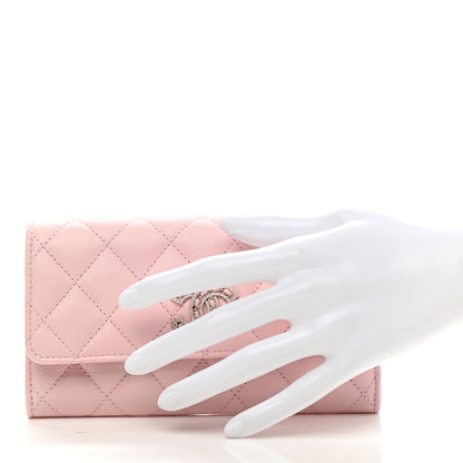 Chanel Caviar Quilted Crystal CC Large Gusset Flap Wallet Pink 2 of 8