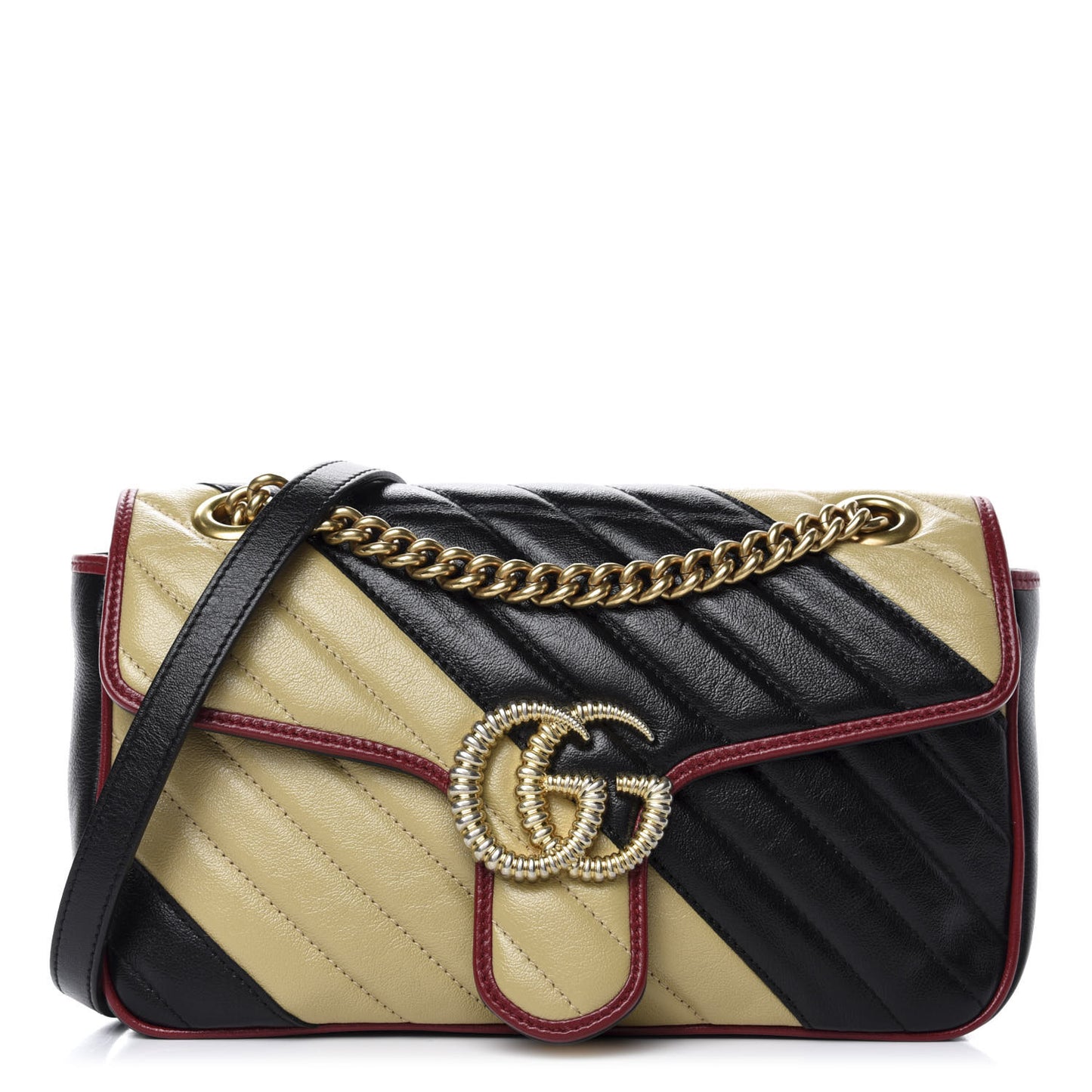 Vintage Effect Calfskin Matelasse Diagonal Striped Small Torchon GG Marmont Shoulder Bag Black Beige