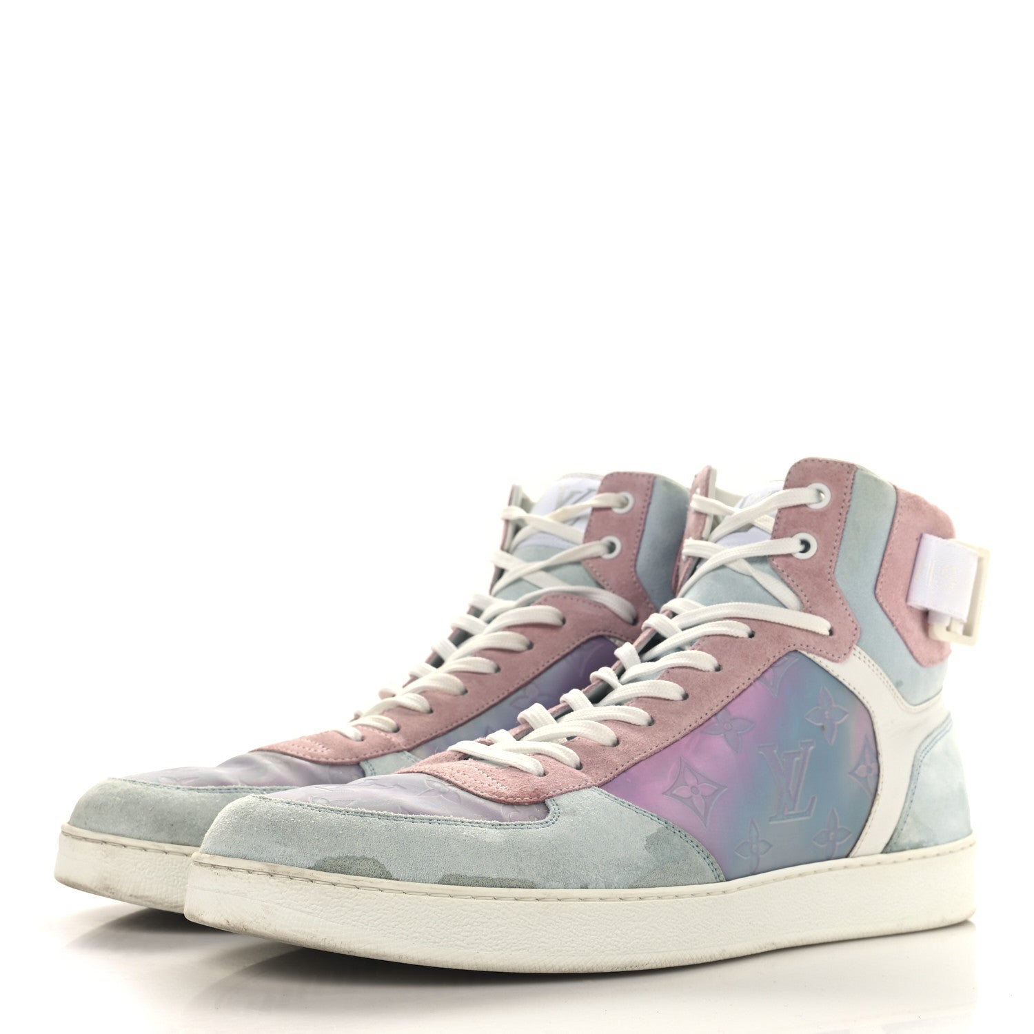 Louis Vuitton Calfskin Suede Monogram Mens Rivoli High Top Sneakers 10 White Multicolor 4 of 9