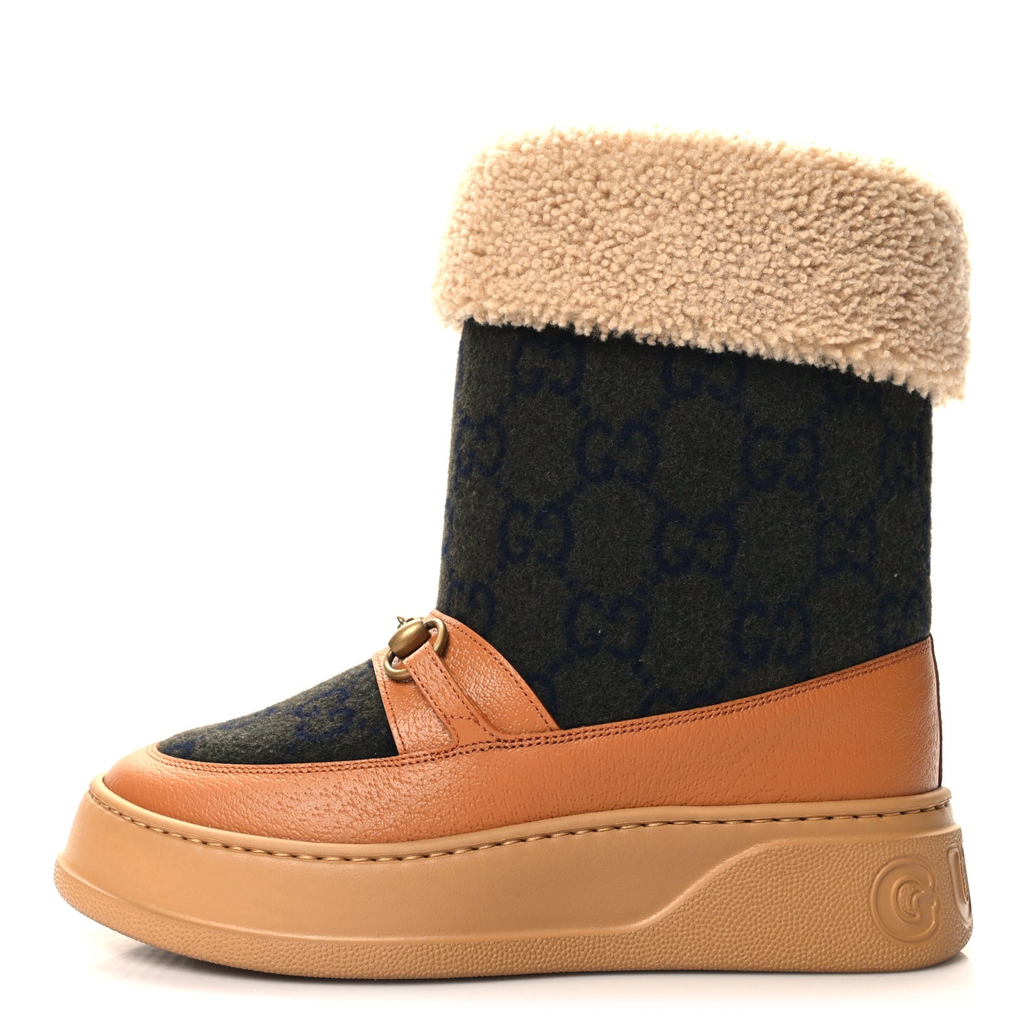 Covered Wool Monogram Textured Dollar Calfskin Shearling Horsebit Snow Boots 39.5 Underwood Blue Hazel Brown