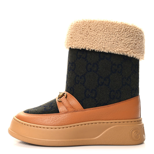 Covered Wool Monogram Textured Dollar Calfskin Shearling Horsebit Snow Boots 39.5 Underwood Blue Hazel Brown