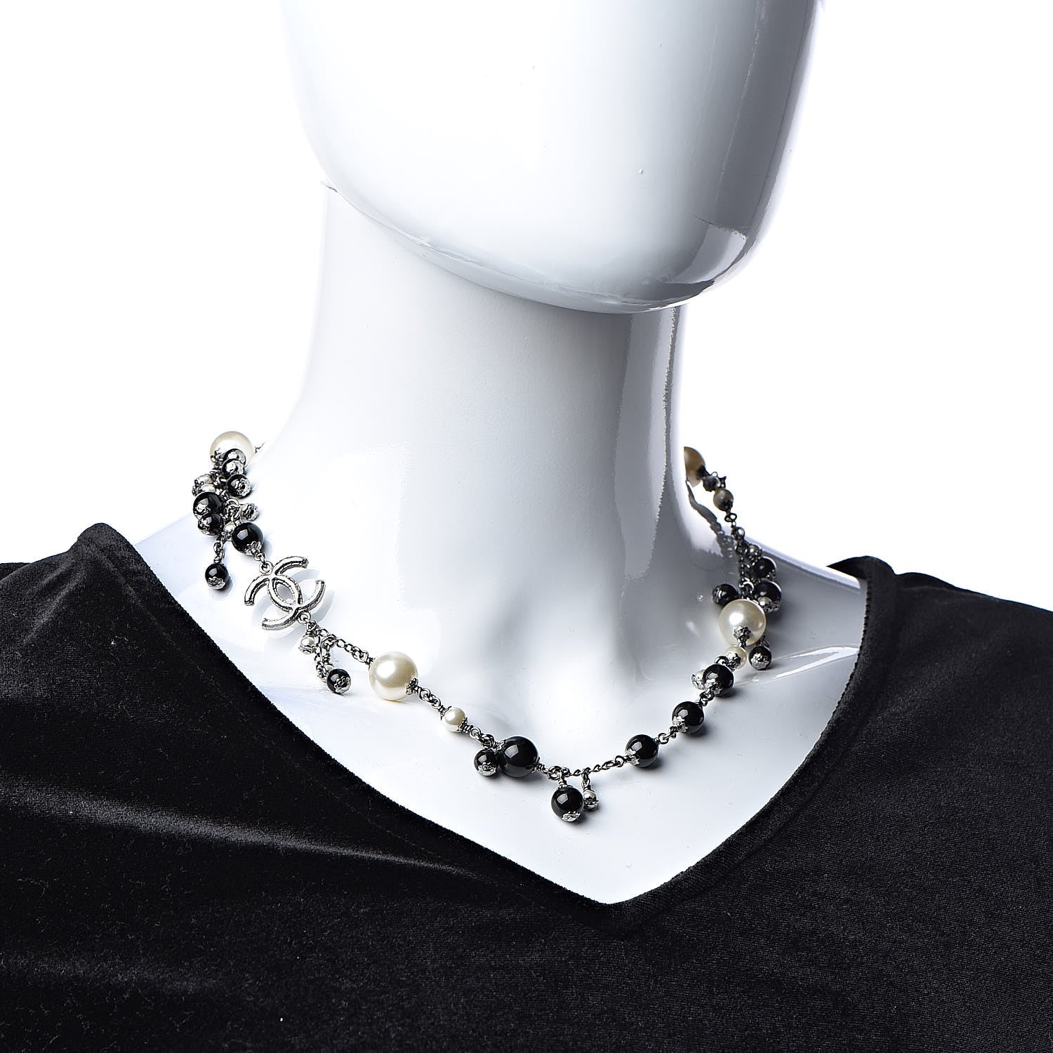 Chanel Pearl Bead CC Short Necklace Silver Black 2 of 9