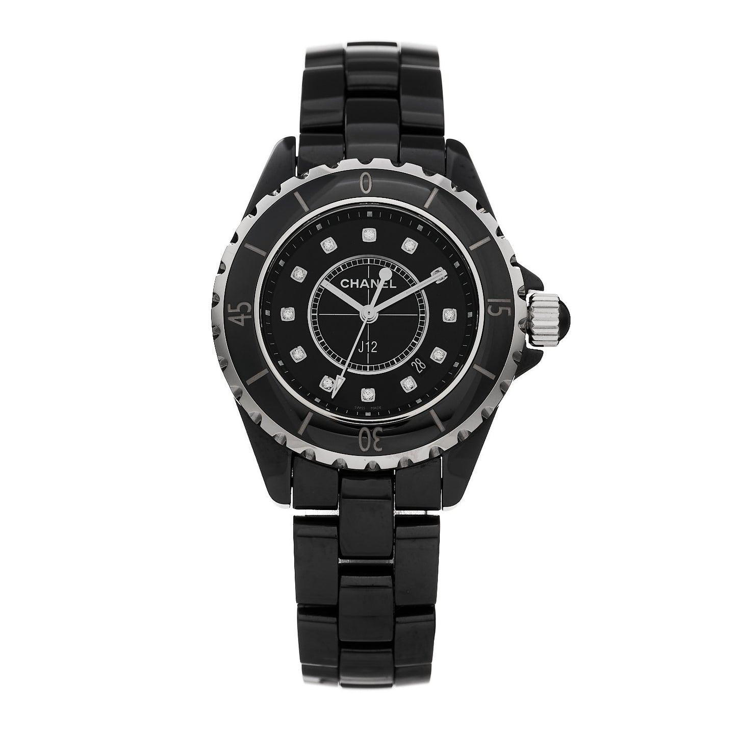 Stainless Steel Ceramic Diamond 33mm J12 Quartz Watch Black