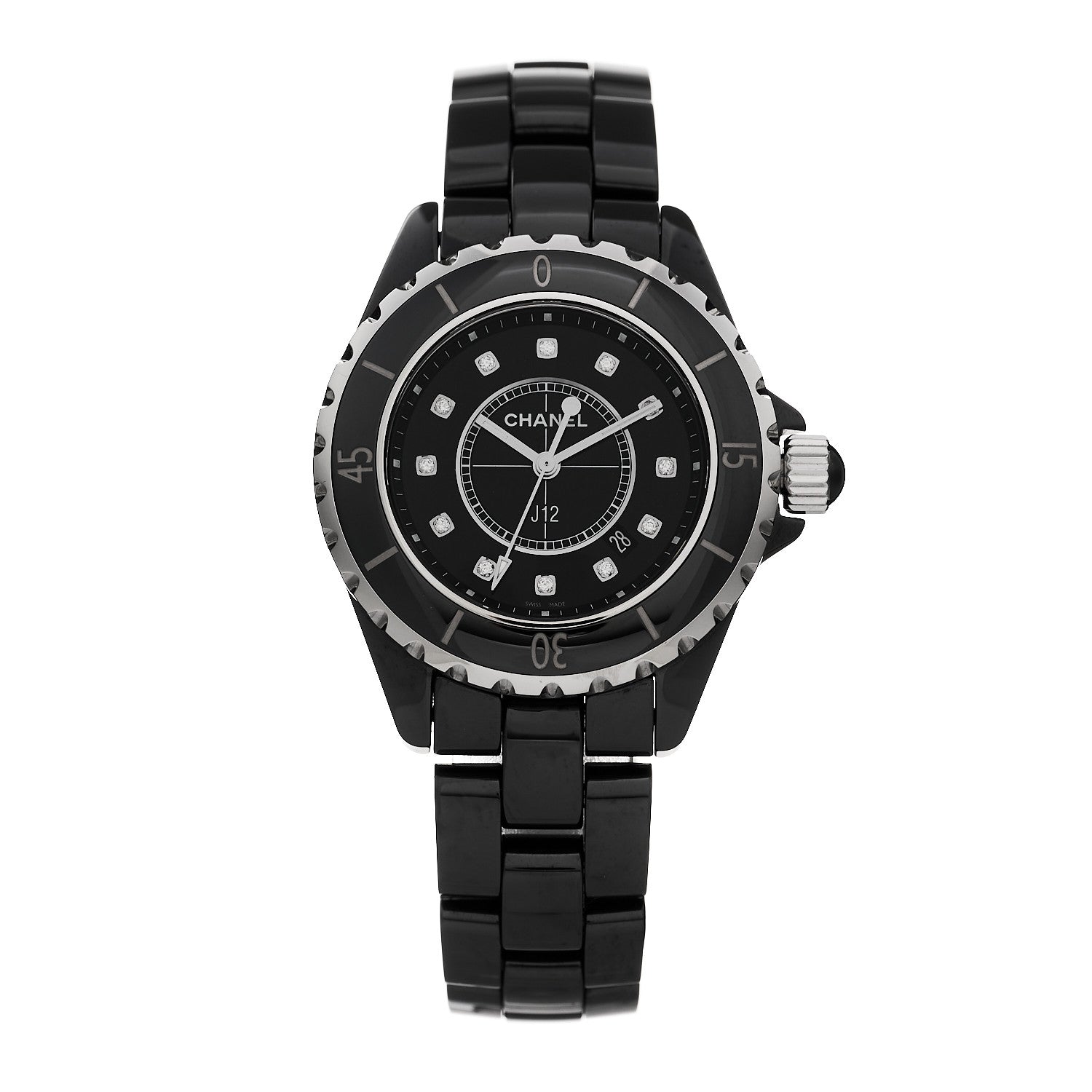 Chanel Stainless Steel Ceramic Diamond 33mm J12 Quartz Watch Black 1 of 4