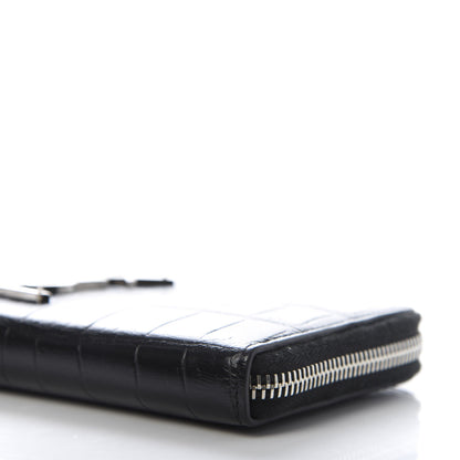 Saint Laurent Calfskin Crocodile Embossed Monogram Zip Around Wallet Black 7 of 9